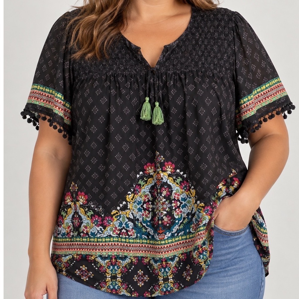 Black Boho Tunic Blouse Womens XL Smocked Pom Pom Tassel Border Print Festival